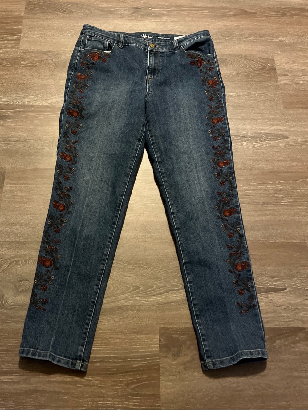 Style & Co. Dark Blue Boyfriend Jeans with Brown Floral Embroidery
